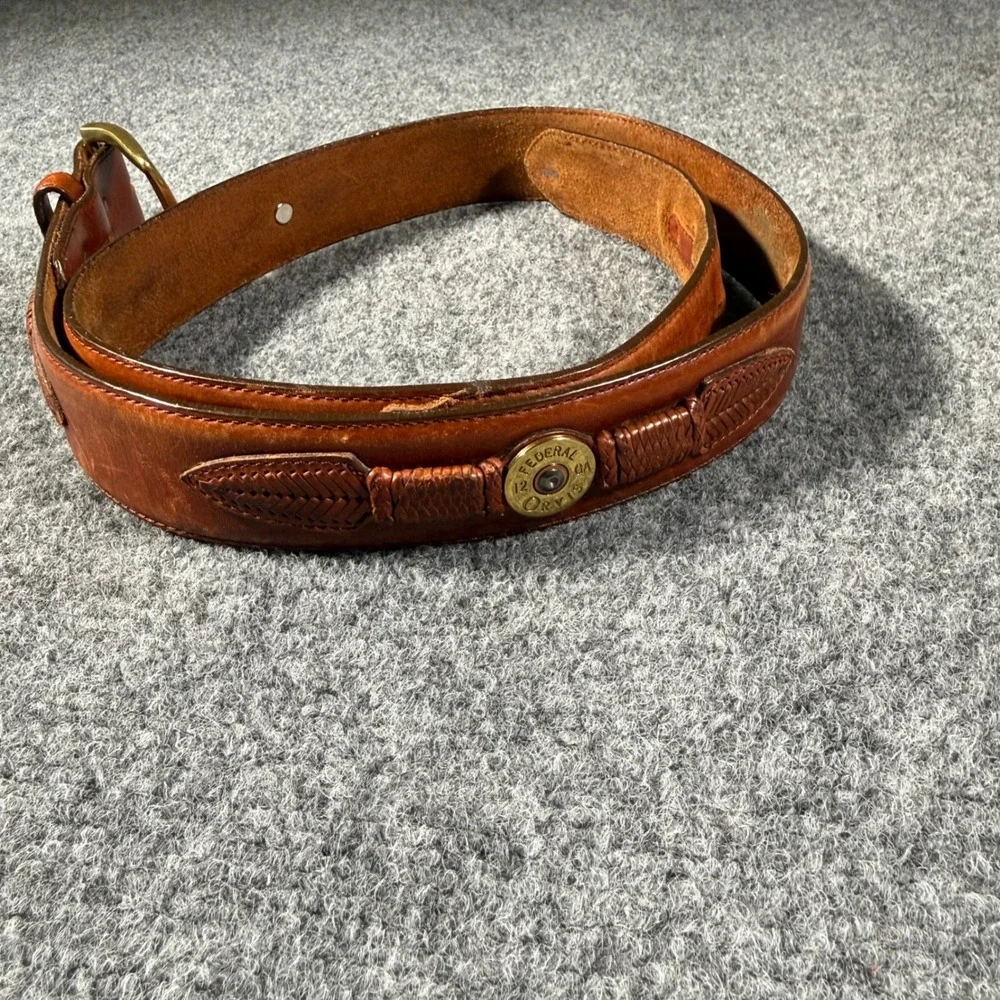Orvis Shotgun Shell Leather Belt Mens 42 Brown Vintage Sporting Solid Brass